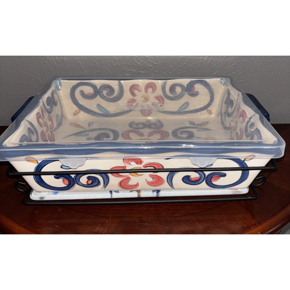 Temp-tations WHIMSY 12" - 3.5QT BAKING DISH W/GLASS TRIVET & RACK and Cover